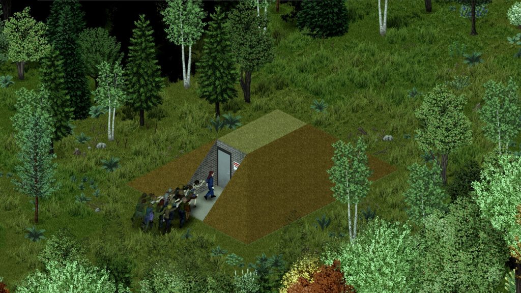 Ein Charakter geht auf einen Bunkereingang zu, verfolgt von Zombies